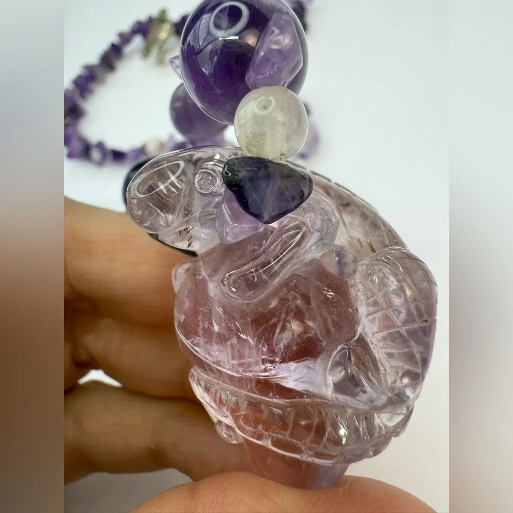 Carved amethyst lizard pendant with amethyst rock crystal necklace